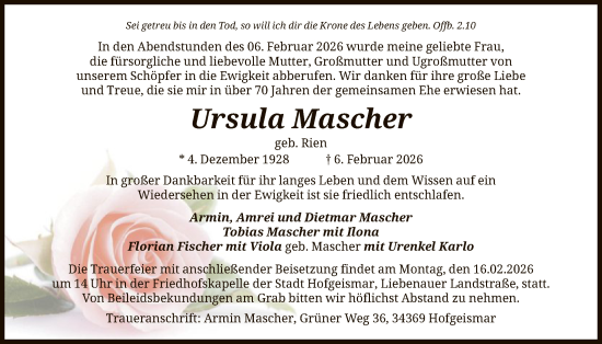 Todesanzeige von Ursula Mascher von HNA