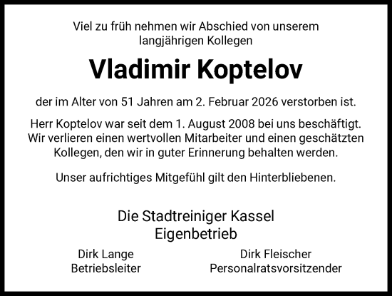 Todesanzeige von Vladimir Koptelov von HNA