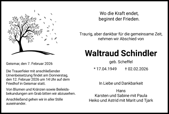 Todesanzeige von Waltraud Schindler von HNA