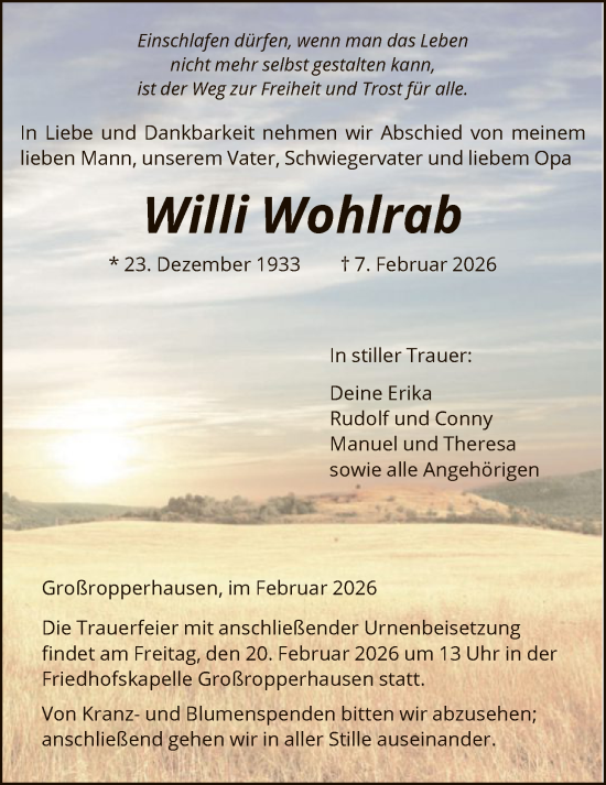 Todesanzeige von Willi Wohlrab von HNA