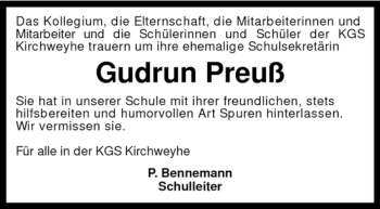 Todesanzeige von Gudrun Preuß von KREISZEITUNG SYKE