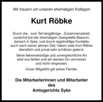 Todesanzeige von Kurt Röbke von KREISZEITUNG SYKE