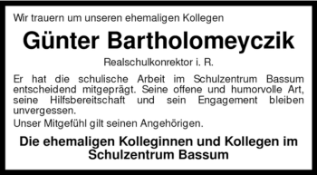 Todesanzeige von Günter Bartholomeyczik von KREISZEITUNG SYKE