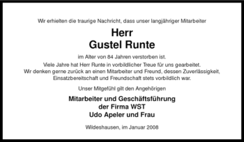 Todesanzeige von Gustel Runte von KREISZEITUNG SYKE