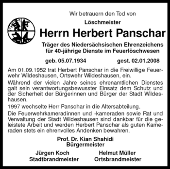 Todesanzeige von Herbert Panschar von KREISZEITUNG SYKE