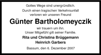 Todesanzeige von Günter Bartholomeyczik von KREISZEITUNG SYKE