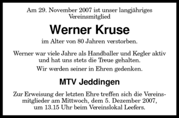 Todesanzeige von Werner Kruse von KREISZEITUNG SYKE