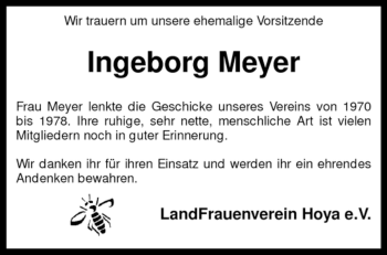 Todesanzeige von Ingeborg Meyer von KREISZEITUNG SYKE