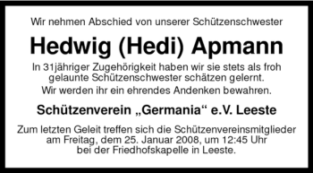 Todesanzeige von Hedwig Apmann von KREISZEITUNG SYKE