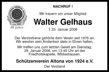 Todesanzeige von Walter Gelhaus von KREISZEITUNG SYKE