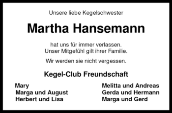 Todesanzeige von Martha Hansemann von KREISZEITUNG SYKE