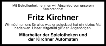 Todesanzeige von Fritz Kirchner von KREISZEITUNG SYKE