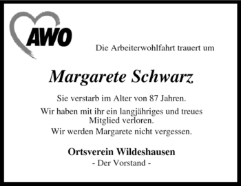 Todesanzeige von Margarete Schwarz von KREISZEITUNG SYKE