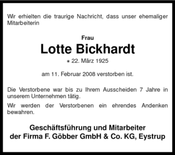 Todesanzeige von Lotte Bickhardt von KREISZEITUNG SYKE