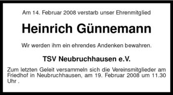 Todesanzeige von Heinrich Günnemann von KREISZEITUNG SYKE
