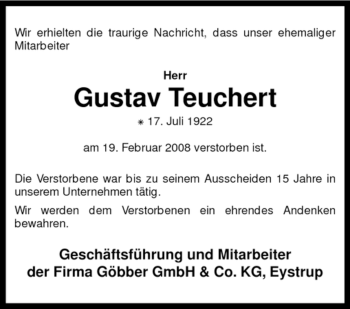 Todesanzeige von Gustav Teuchert von KREISZEITUNG SYKE