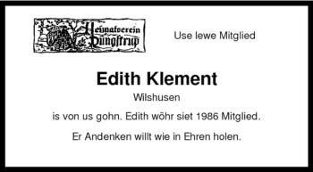 Todesanzeige von Edith Klement von KREISZEITUNG SYKE