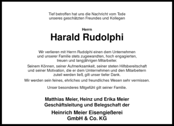 Todesanzeige von Harald Rudolphi von KREISZEITUNG SYKE