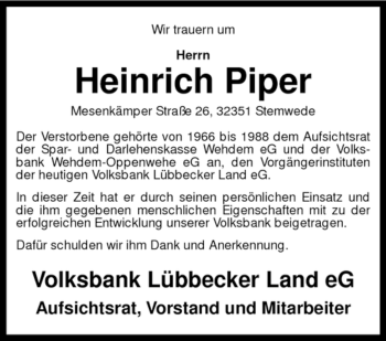 Todesanzeige von Heinrich Piper von KREISZEITUNG SYKE