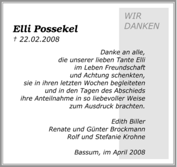 Todesanzeige von Elli Possekel von KREISZEITUNG SYKE