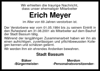 Todesanzeige von Erich Meyer von KREISZEITUNG SYKE
