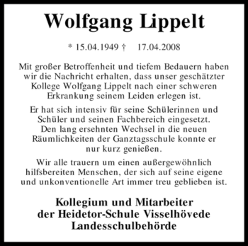 Todesanzeige von Wolfgang Lippelt von KREISZEITUNG SYKE