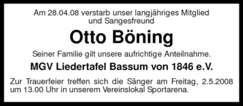 Todesanzeige von Otto Böning von KREISZEITUNG SYKE
