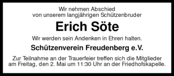 Todesanzeige von Erich Söte von KREISZEITUNG SYKE