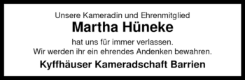 Todesanzeige von Martha Hüneke von KREISZEITUNG SYKE