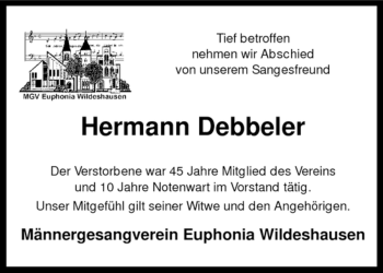 Todesanzeige von Hermann Debbeler von KREISZEITUNG SYKE