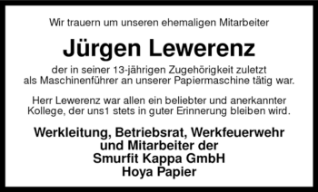 Todesanzeige von Jürgen Lewerenz von KREISZEITUNG SYKE