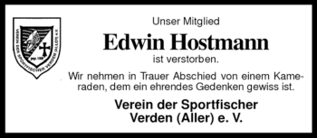 Todesanzeige von Edwin Hostmann von KREISZEITUNG SYKE