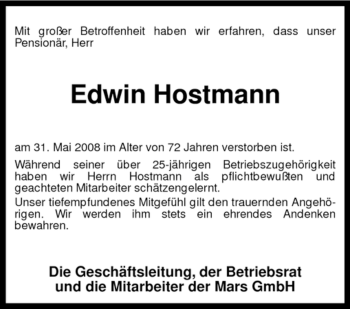 Todesanzeige von Edwin Hostmann von KREISZEITUNG SYKE