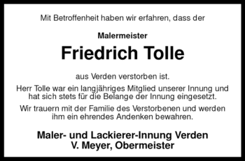Todesanzeige von Friedrich Tolle von KREISZEITUNG SYKE