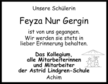 Todesanzeige von Feyza Nur Gergin von KREISZEITUNG SYKE