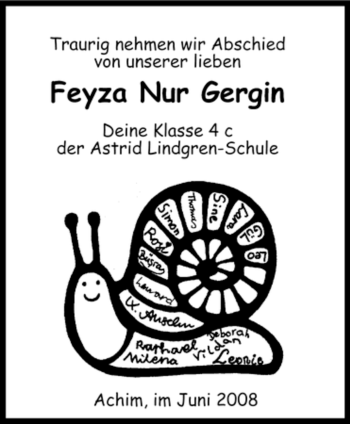 Todesanzeige von Feyza Nur Gergin von KREISZEITUNG SYKE