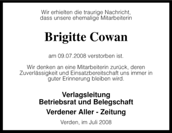 Todesanzeige von Brigitte Cowan von KREISZEITUNG SYKE
