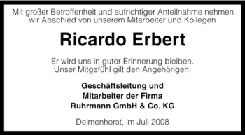 Todesanzeige von Ricardo Erbert von KREISZEITUNG SYKE