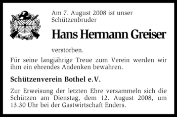 Todesanzeige von Hans Hermann Greiser von KREISZEITUNG SYKE