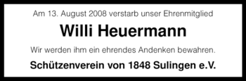 Todesanzeige von Willi Heuermann von KREISZEITUNG SYKE