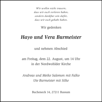 Todesanzeige von Hayo und Vera Burmeister von KREISZEITUNG SYKE