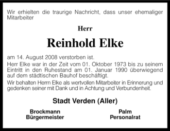 Todesanzeige von Reinhold Elke von KREISZEITUNG SYKE
