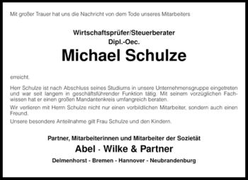 Todesanzeige von Michael Schulze von KREISZEITUNG SYKE