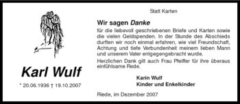 Todesanzeige von Karl Wulf von KREISZEITUNG SYKE