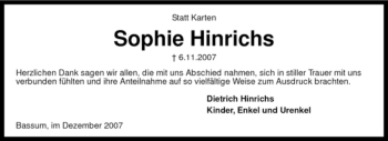 Todesanzeige von Sophie Hinrichs von KREISZEITUNG SYKE