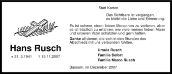 Todesanzeige von Hans Rusch von KREISZEITUNG SYKE