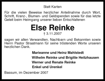 Todesanzeige von Else Reinke von KREISZEITUNG SYKE