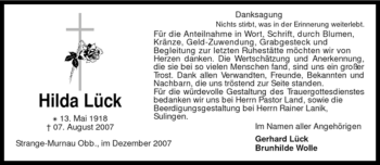 Todesanzeige von Hilda Lück von KREISZEITUNG SYKE