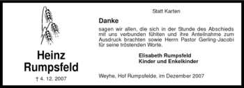 Todesanzeige von Heinz Rumpsfeld von KREISZEITUNG SYKE