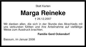 Todesanzeige von Marga Reineke von KREISZEITUNG SYKE